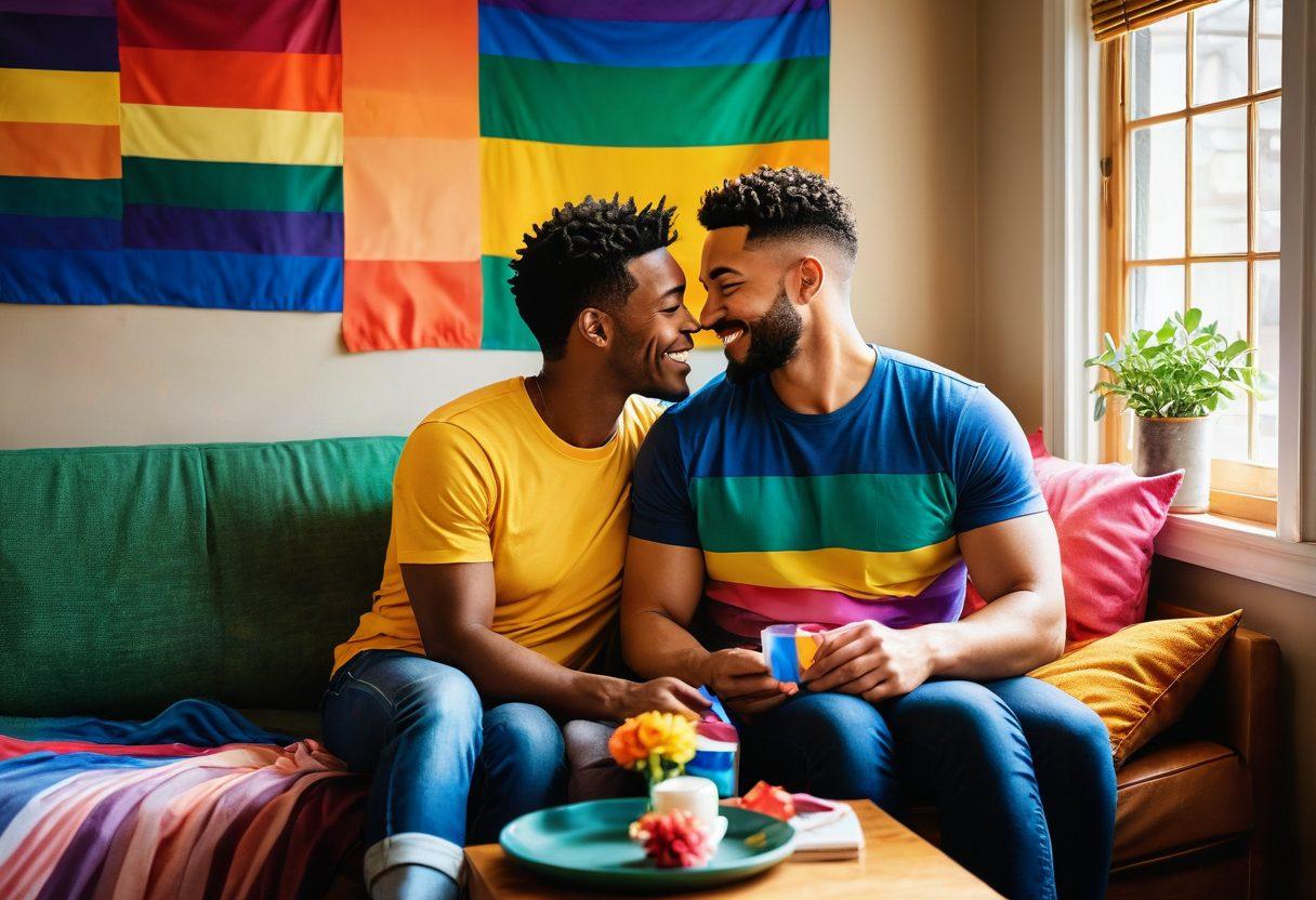 A vibrant and inclusive collage showcasing diverse gay couples in intimate, homemade settings, filled with joy, love, and authenticity. Scenes of pride flags, cozy home environments, and heartfelt moments capturing the raw and genuine emotions. The background should convey a sense of warmth and privacy, surrounding the central collage. super-realistic. vibrant colors. cozy ambiance.